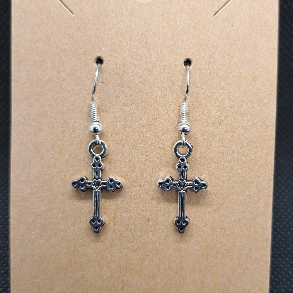 Cross Dangle Earrings- Silver tone